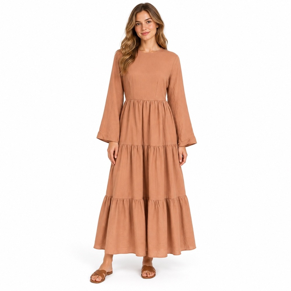 Veiled Collection Tiered Modest Long Maxi Dress M Terracotta Orange Linen Blend